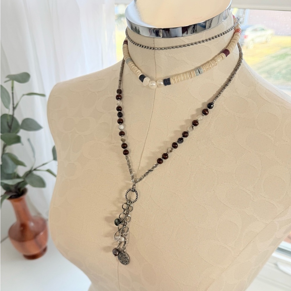 New Free People Layered Silver and Pearl Charm Necklace - Picture 3 of 5